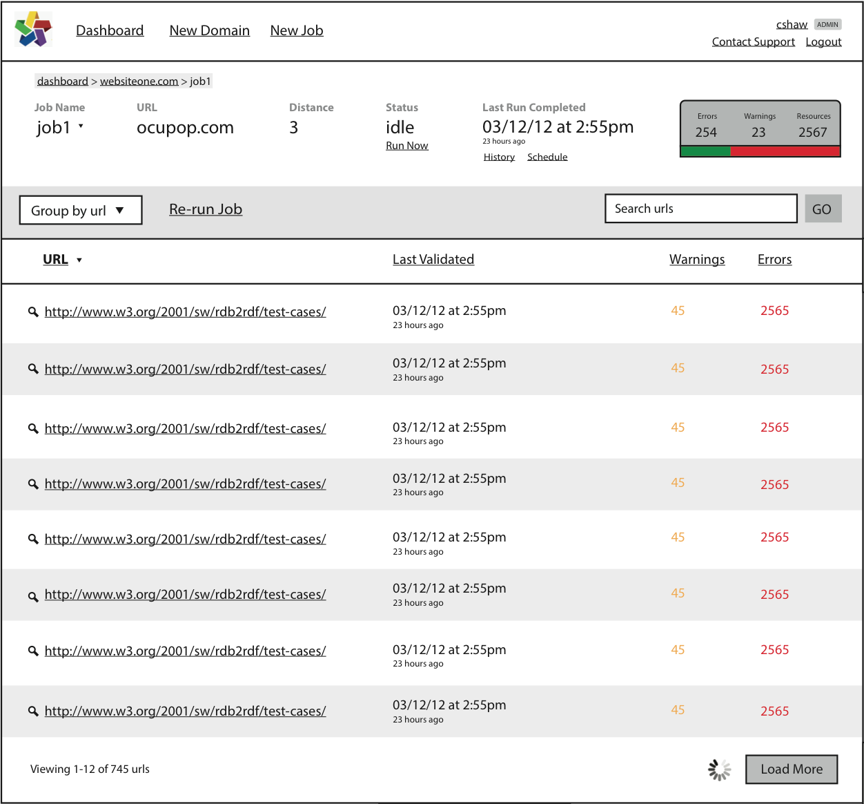 Wireframe for W3C validation job status and crawled pages