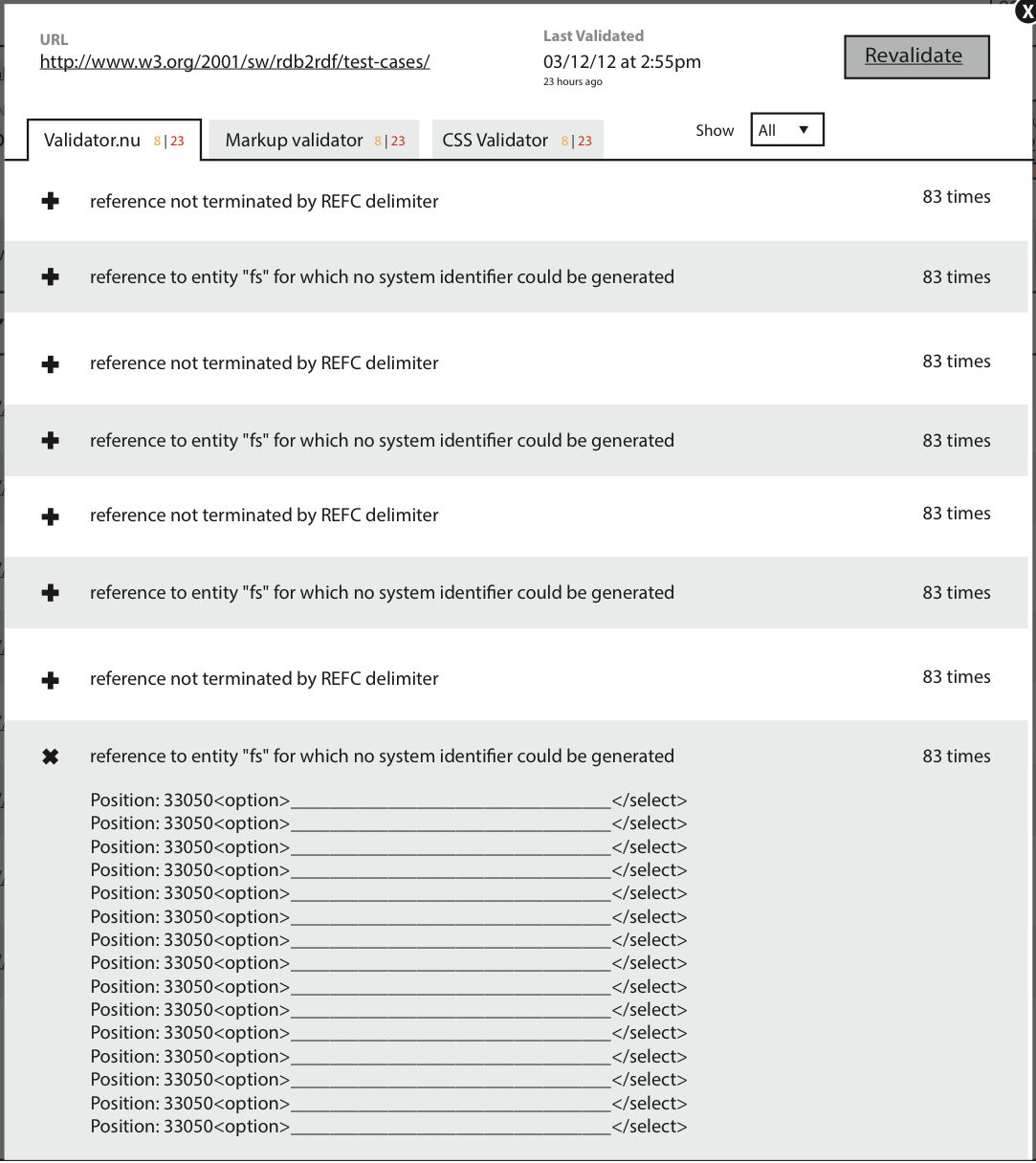 Wireframe for detailed validation results on a single URL