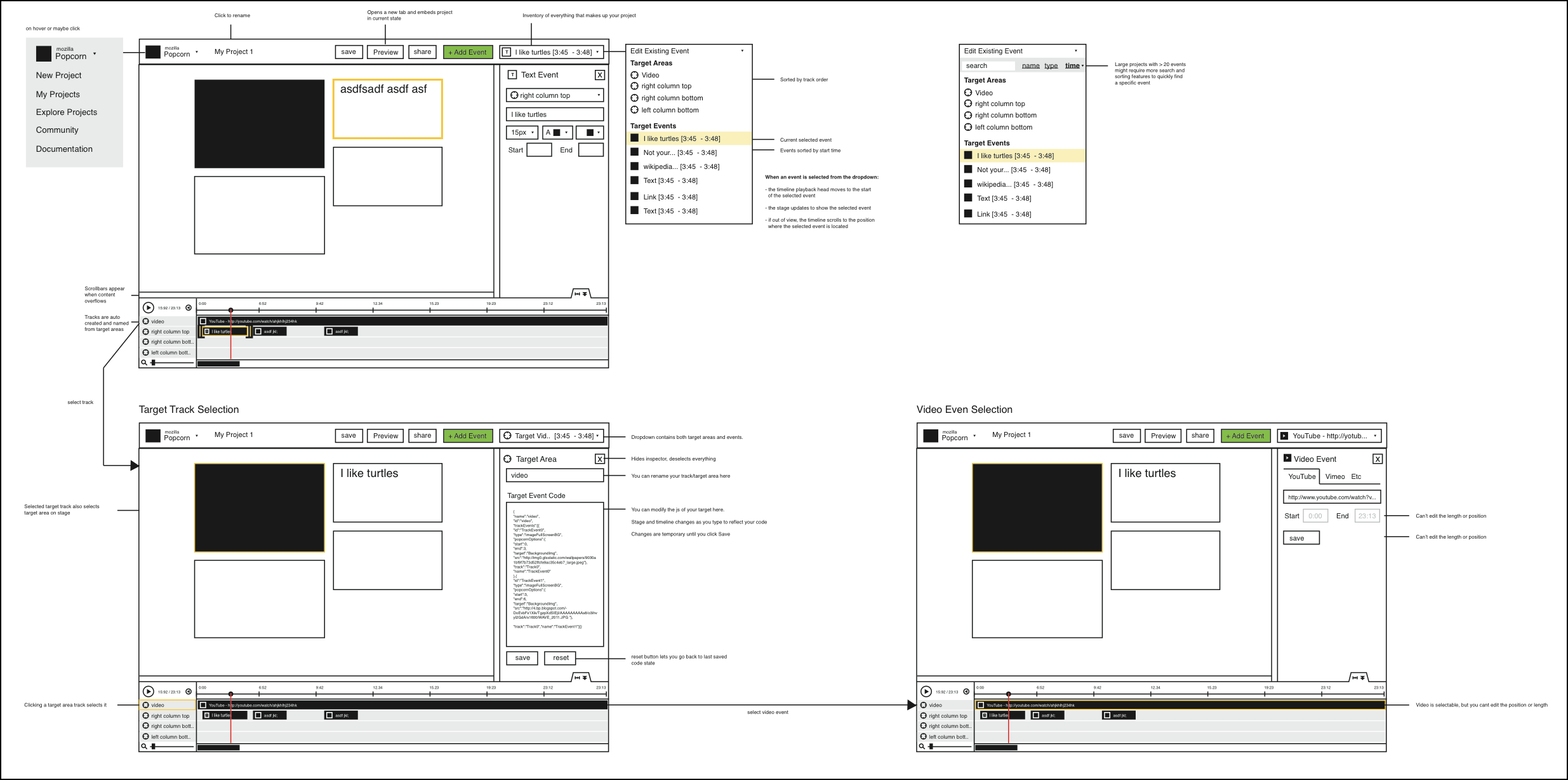 Detailed wireframes for the Mozilla Popcorn Maker editor