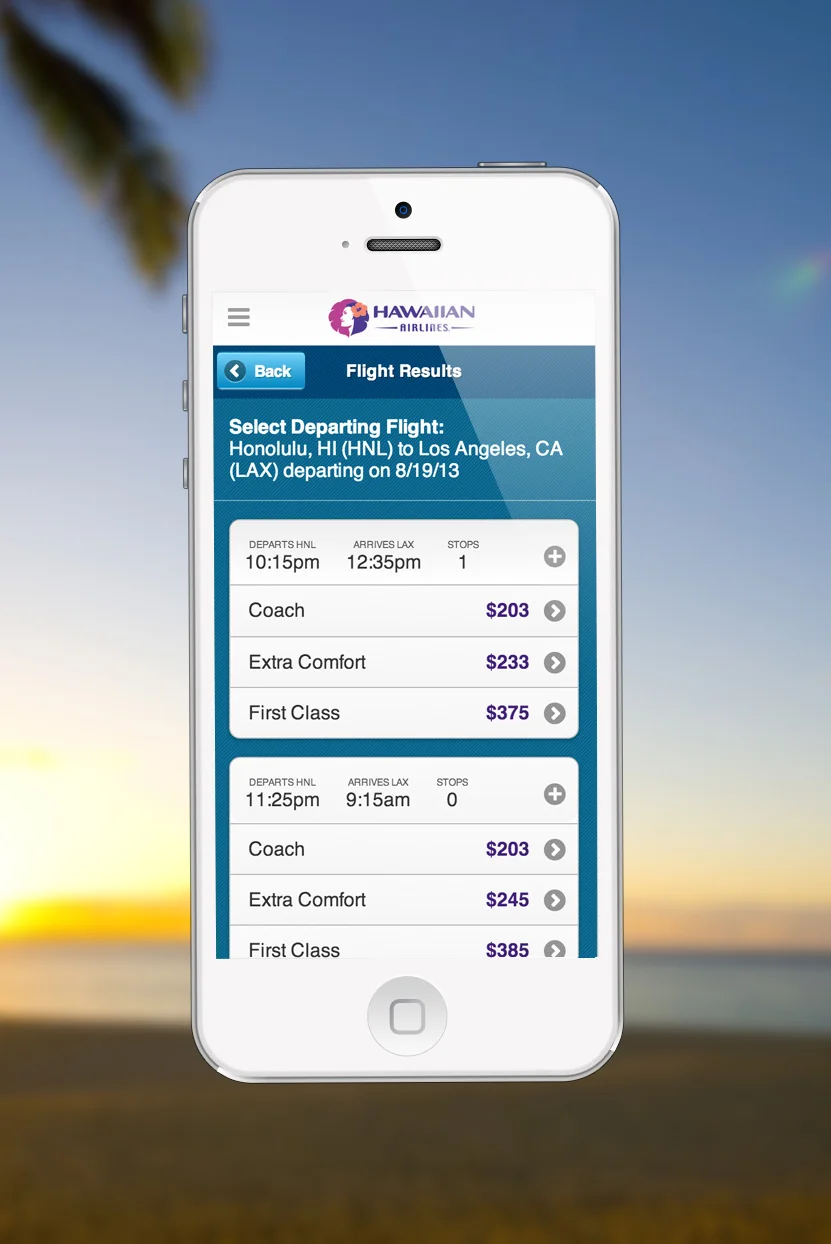 Hawaiian Airlines mobile flight-results interface on an iPhone