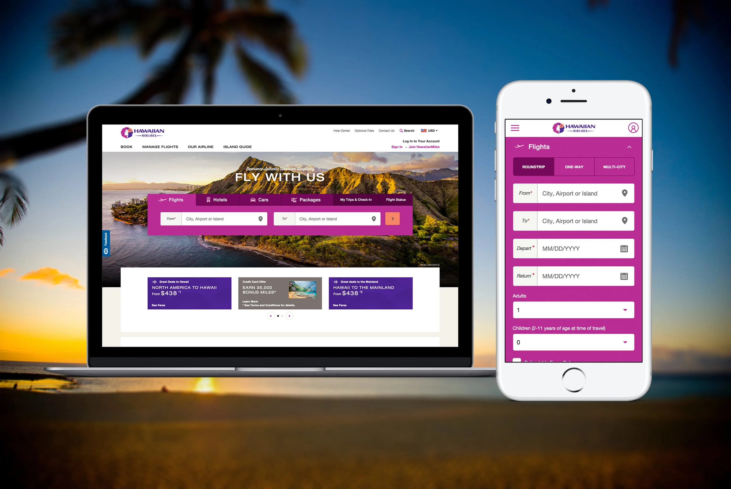 Hawaiian Airlines website shown on a laptop and phone