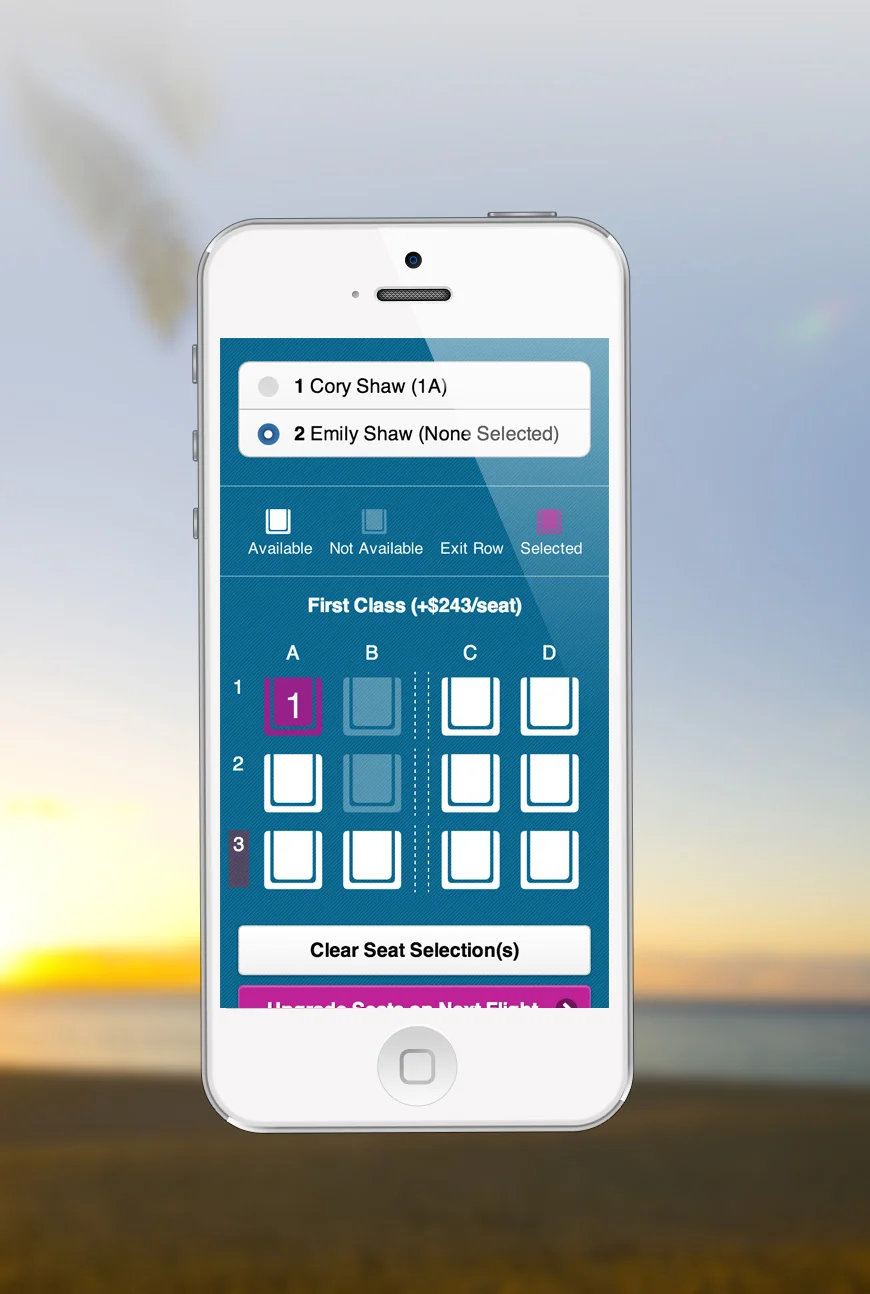 Hawaiian Airlines mobile seat-selection interface on an iPhone
