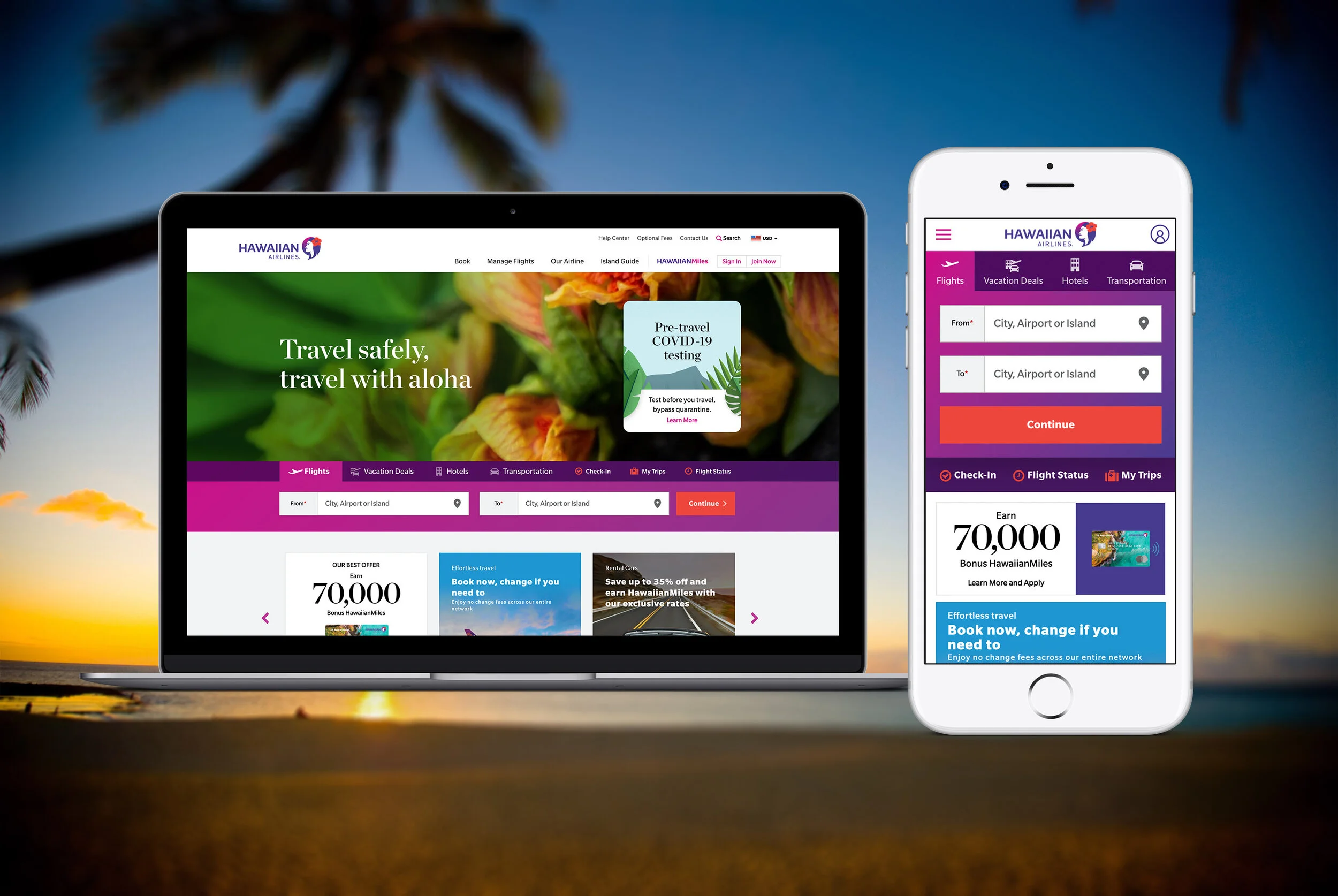 Hawaiian Airlines mobile website shown across phone and desktop screens
