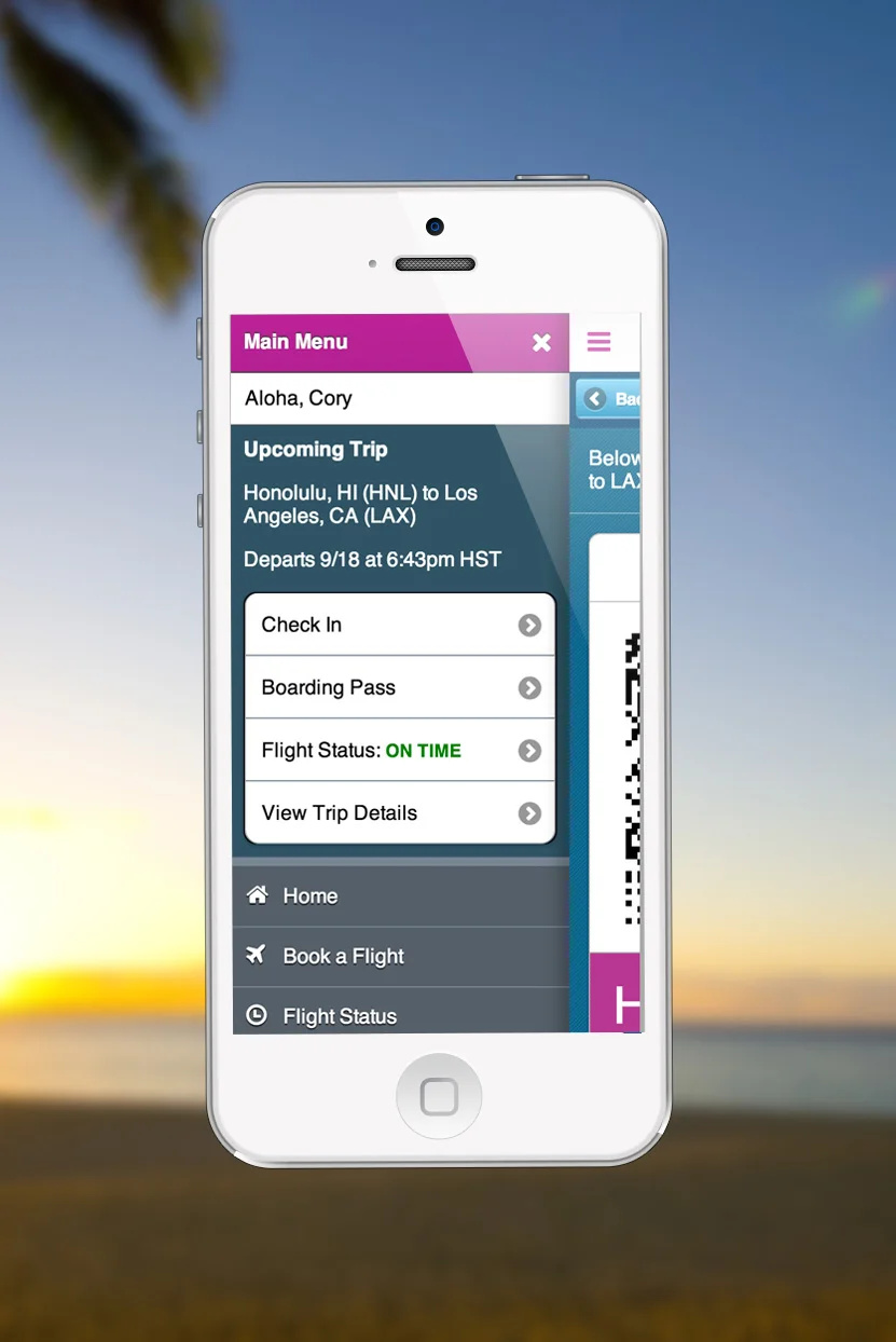 Hawaiian Airlines mobile menu showing an upcoming trip