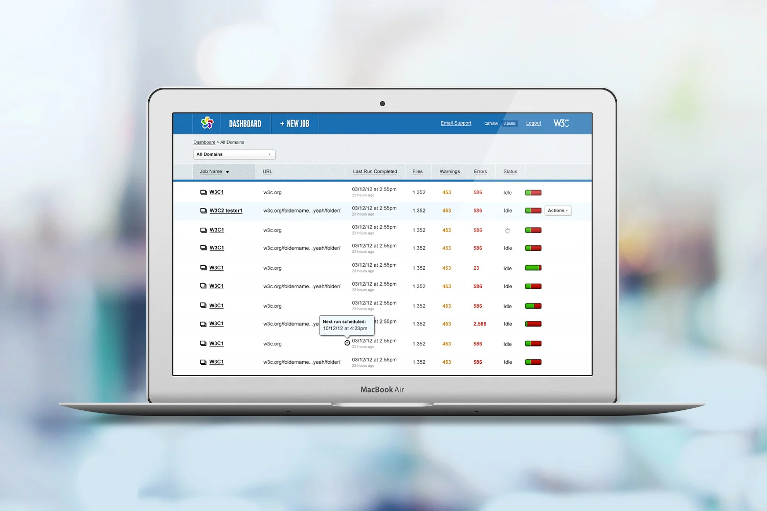 Finished W3C Validator Suite domain dashboard shown on a laptop